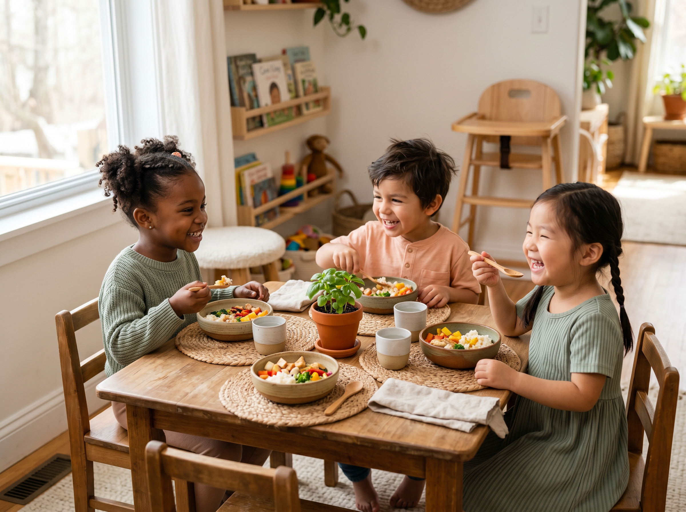 Children enjoying a healthy meal together during a childcare mealtime activity at Kindred Kids Early Learning Center