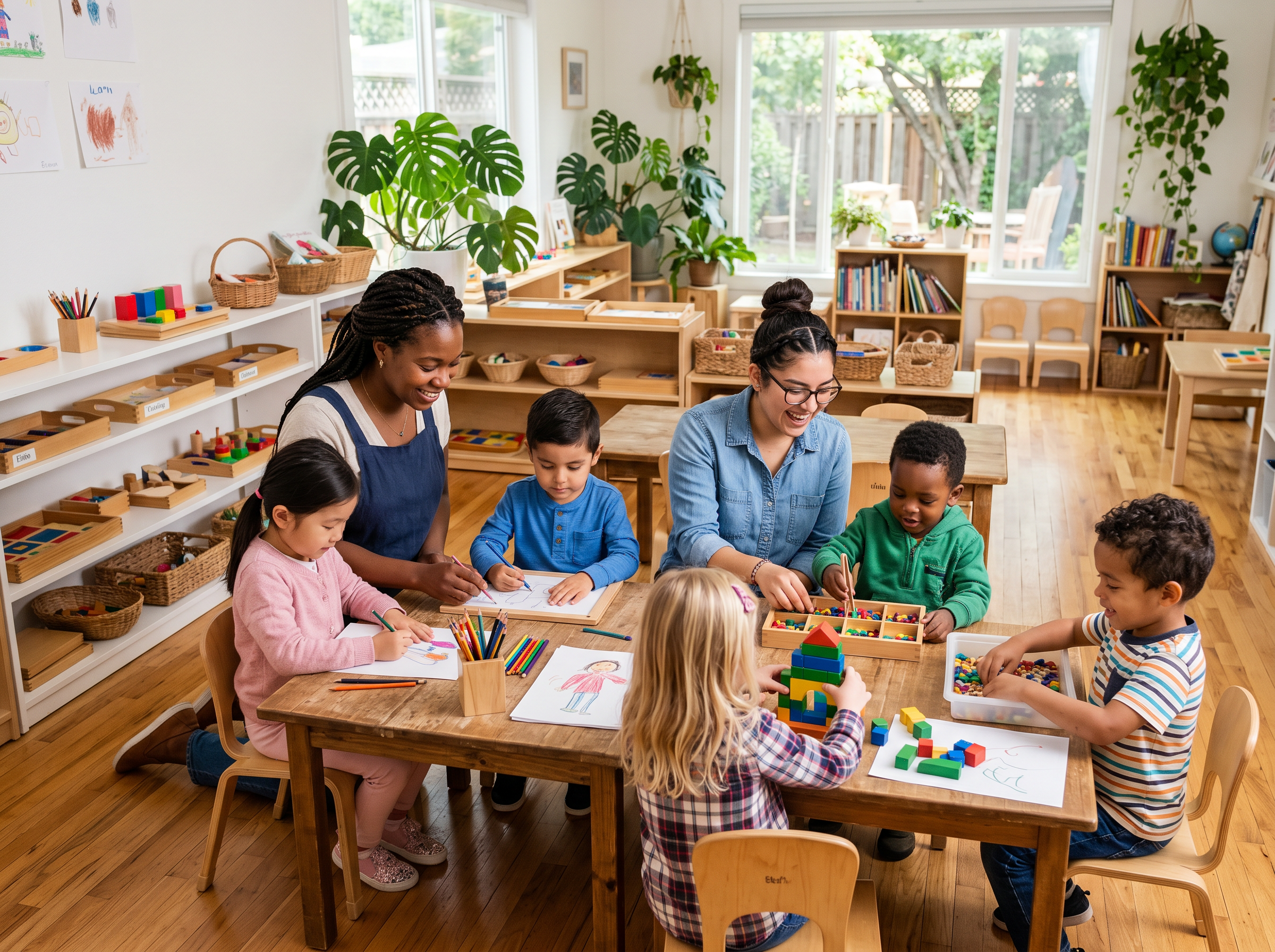 Children participating in creative learning activities with teachers in a classroom setting at Kindred Kids Early Learning Center