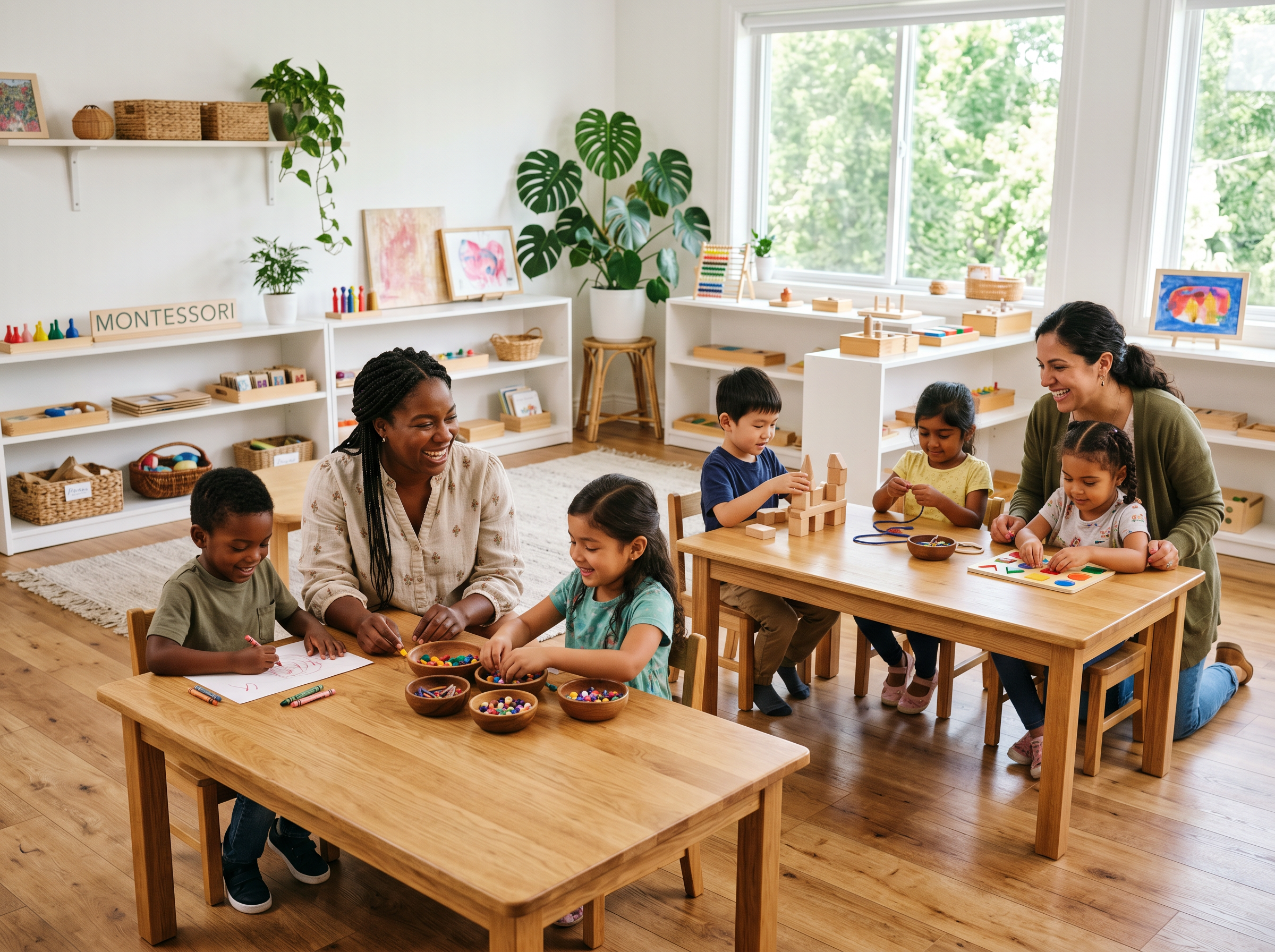 Children engaging in hands-on Montessori-inspired learning activities with teachers at Kindred Kids Early Learning Center