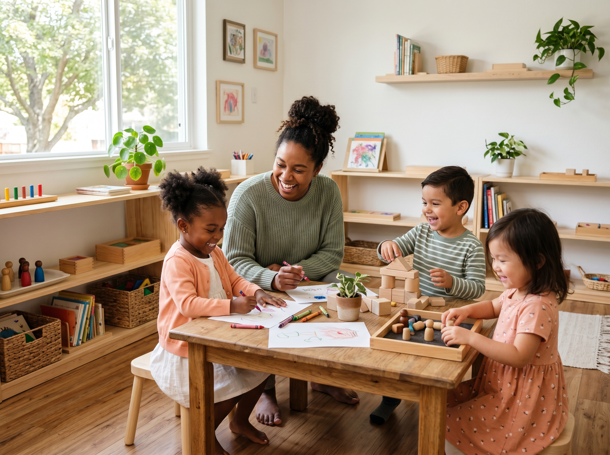 Young children participating in creative play and educational activities in a Montessori classroom environment