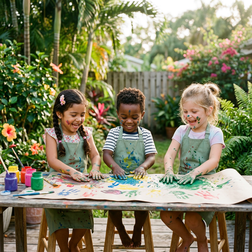 Preschool children exploring art, creativity, and classroom activities with teacher guidance at Kindred Kids Early Learning Center