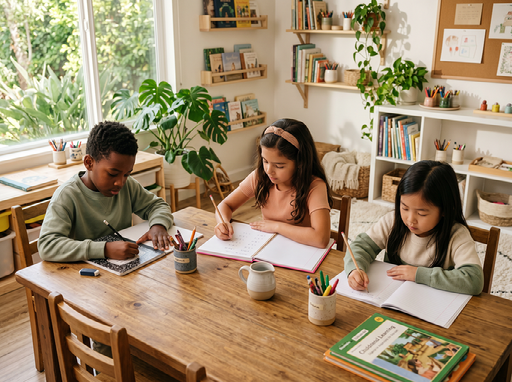 School-age children completing learning activities and homework with guidance at Kindred Kids Early Learning Center