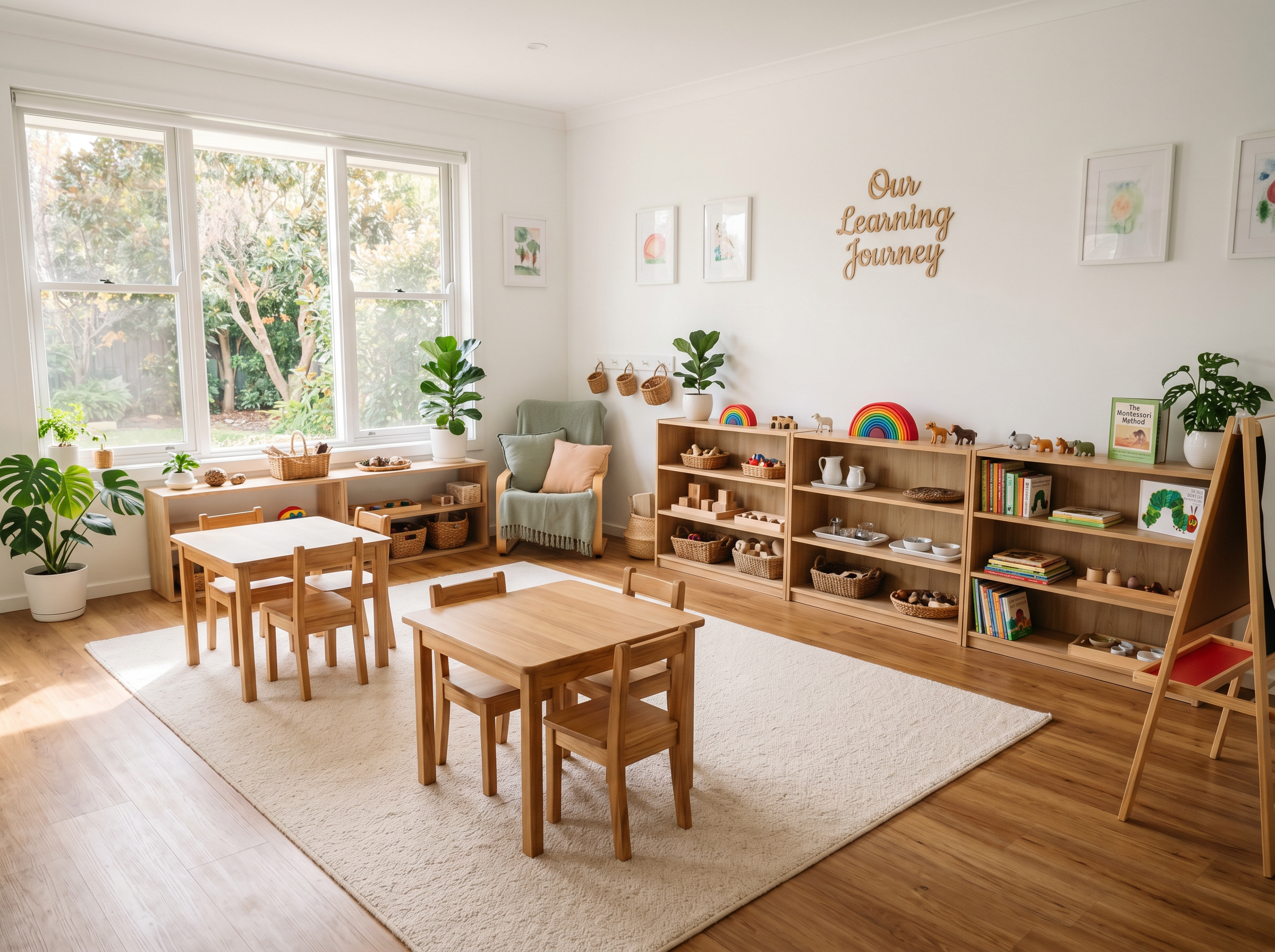 Calm and organized early learning classroom with child-sized tables, educational materials, and creative learning areas