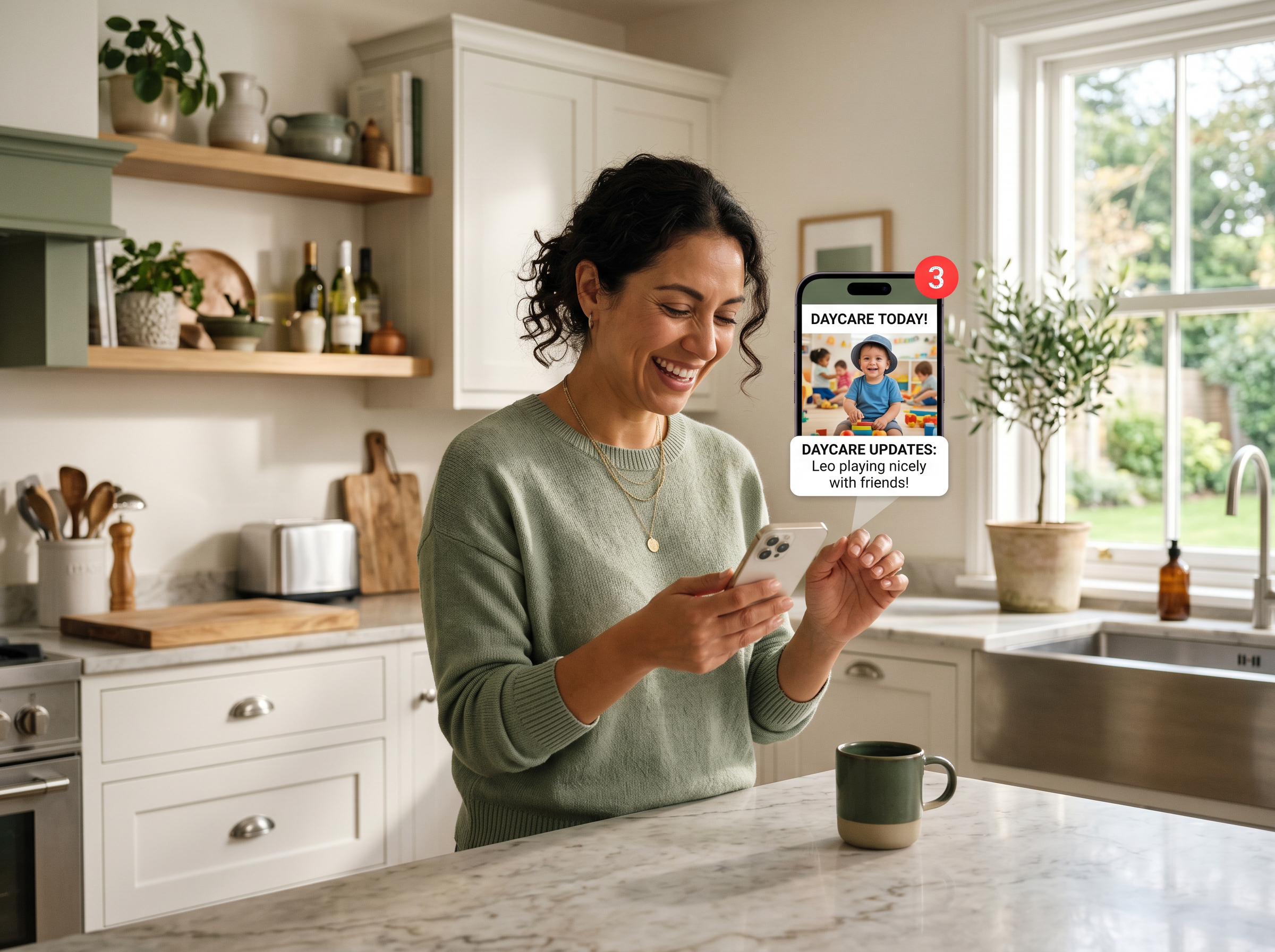 Parent viewing childcare updates and daily activities through digital communication from Kindred Kids Early Learning Center