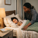 Child resting comfortably during evening childcare with a caregiver at Kindred Kids Early Learning Center