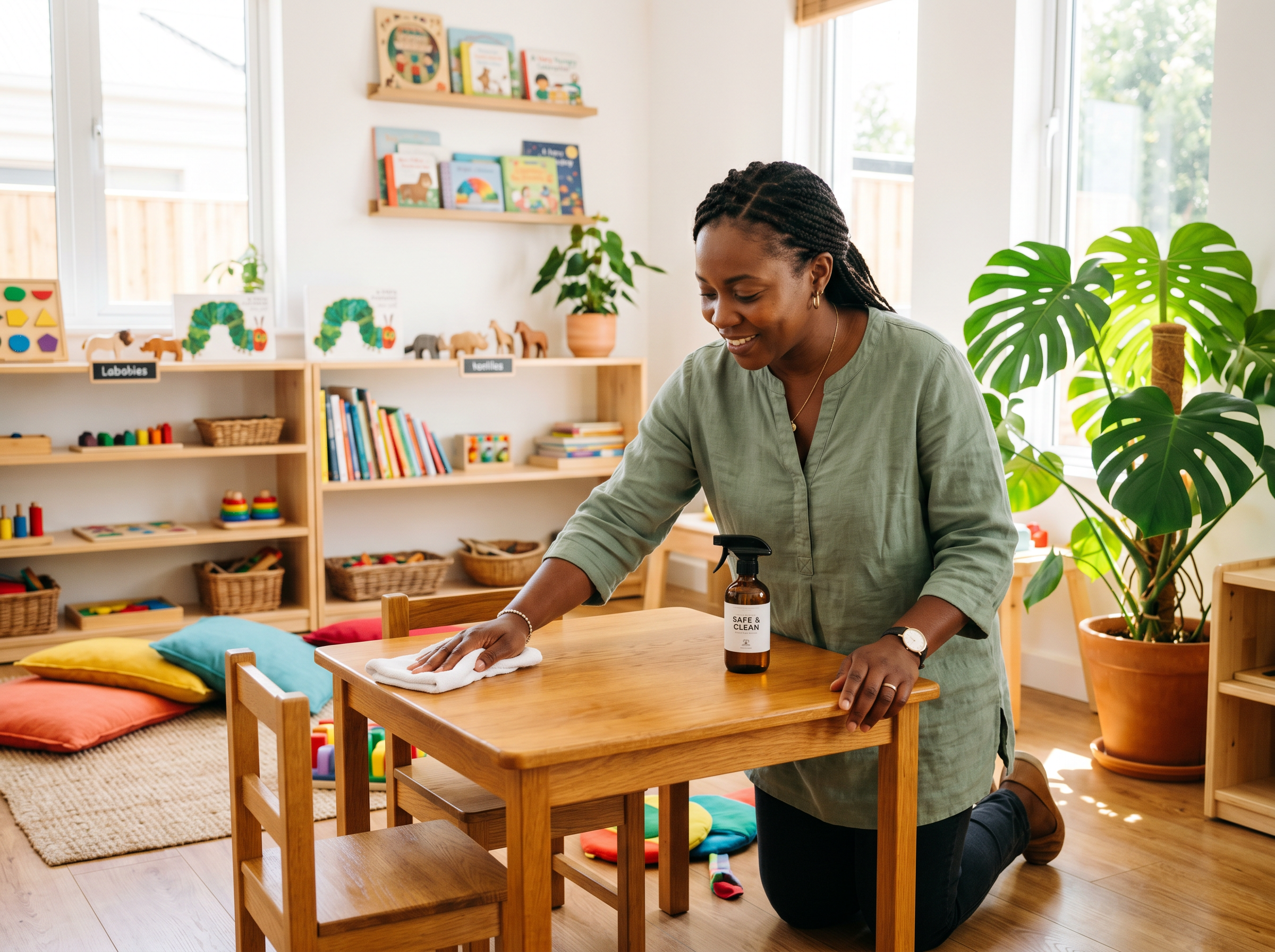 Early childhood educator sanitizing a classroom table to maintain a clean and safe learning environment at Kindred Kids Early Learning Center