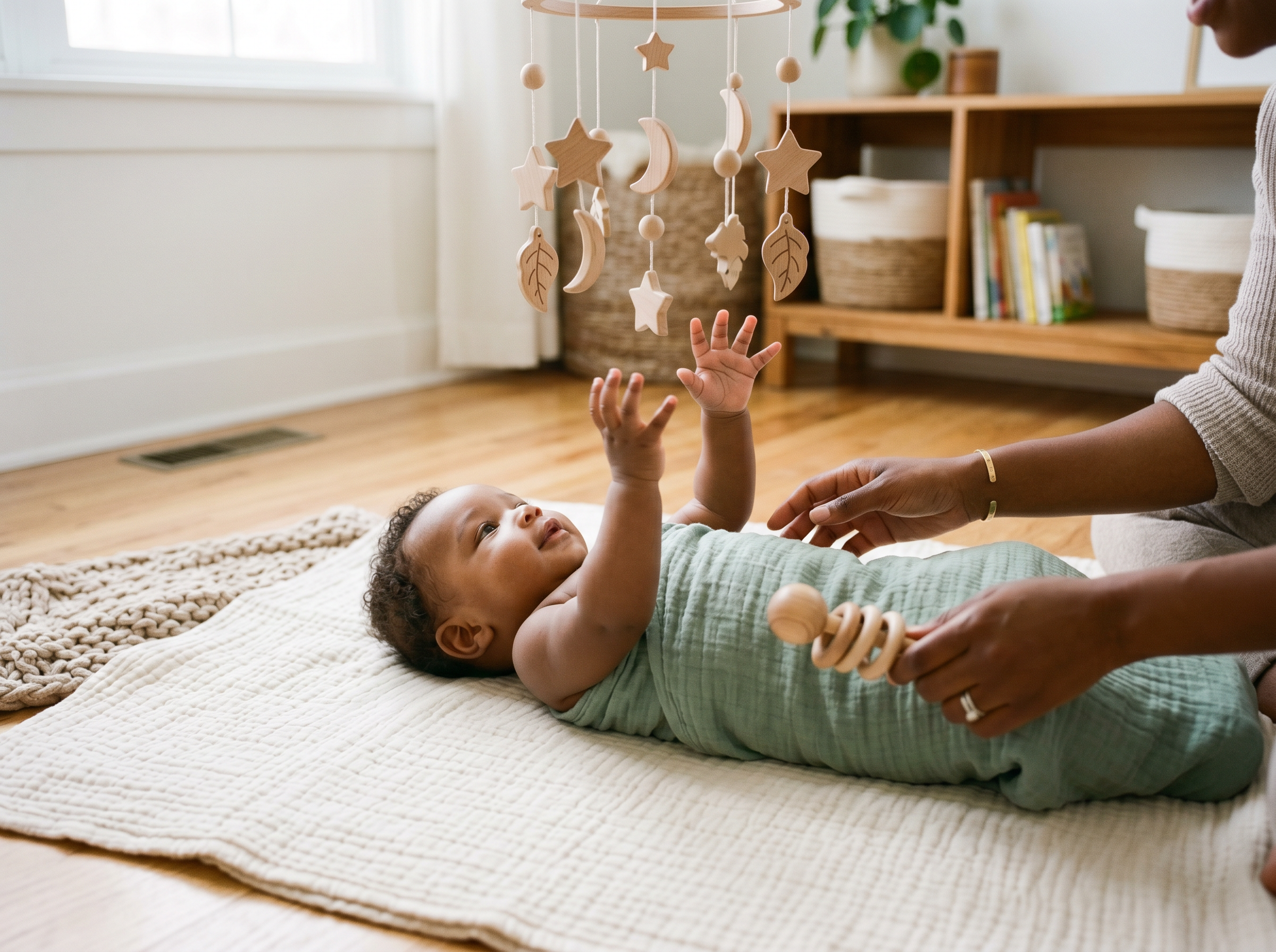 Infant participating in a gentle sensory activity with caregiver supervision at Kindred Kids Early Learning Center