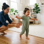 Happy toddler walking and developing early motor skills with caregiver support at Kindred Kids Early Learning Center