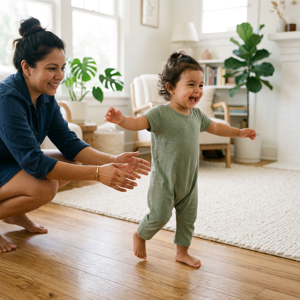 Happy toddler walking and developing early motor skills with caregiver support at Kindred Kids Early Learning Center