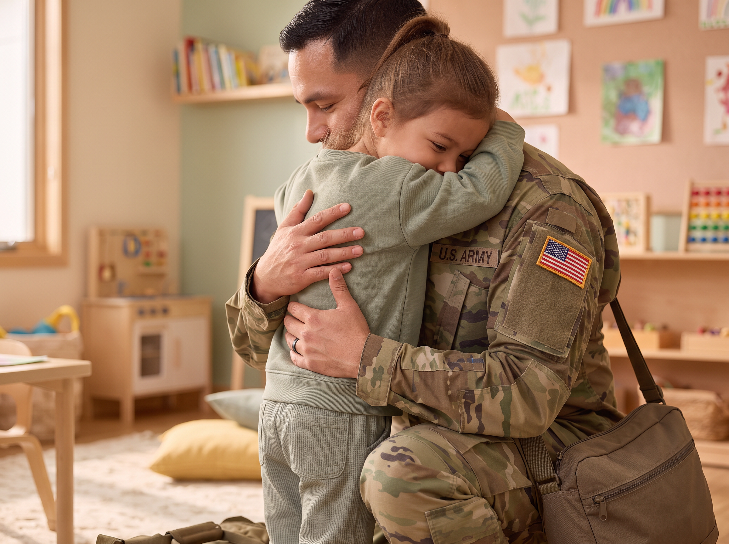 Parent in Army uniform hugging their child at pickup