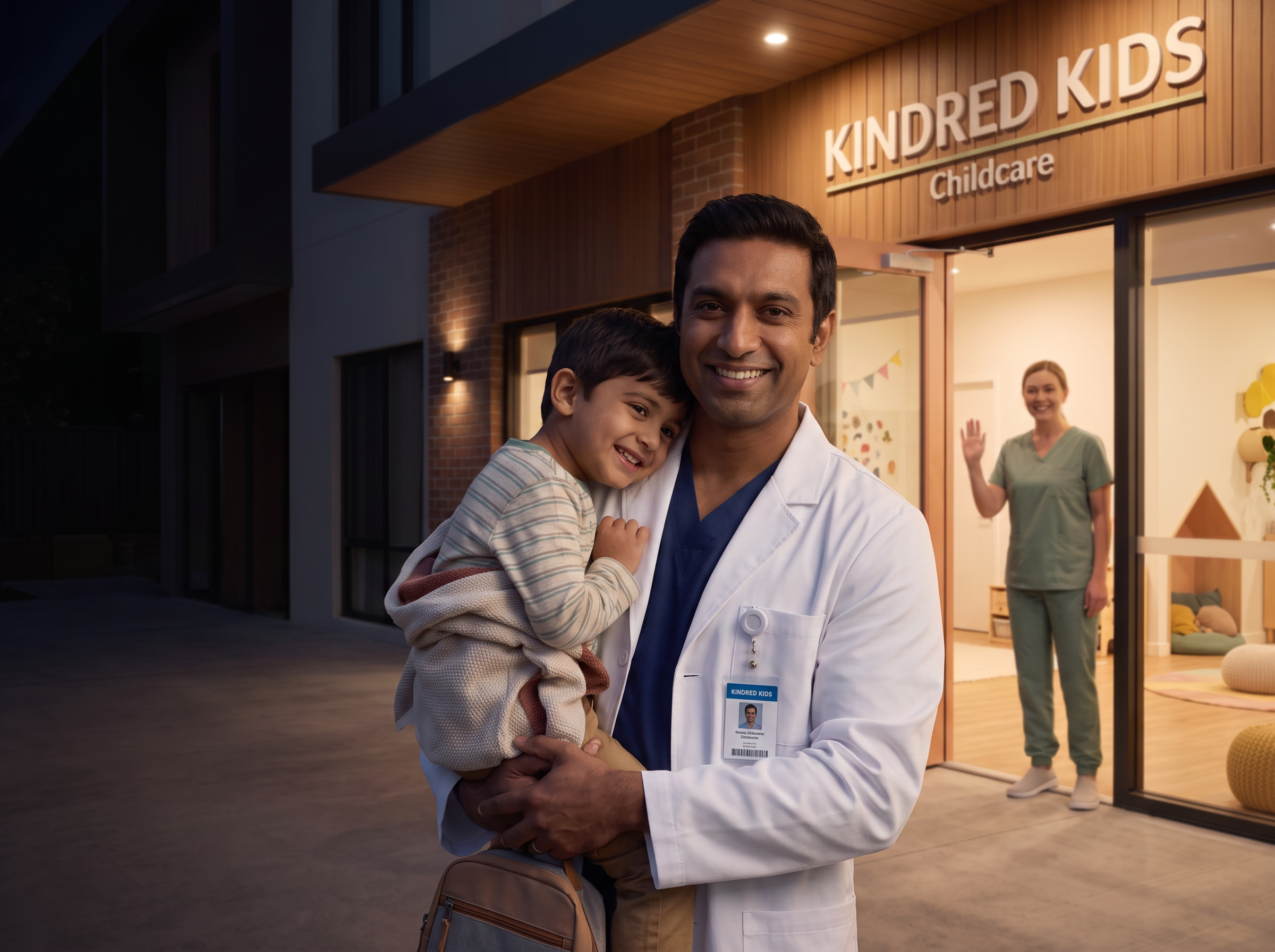 Doctor dad carrying his son home after an evening pickup at Kindred Kids in Apopka