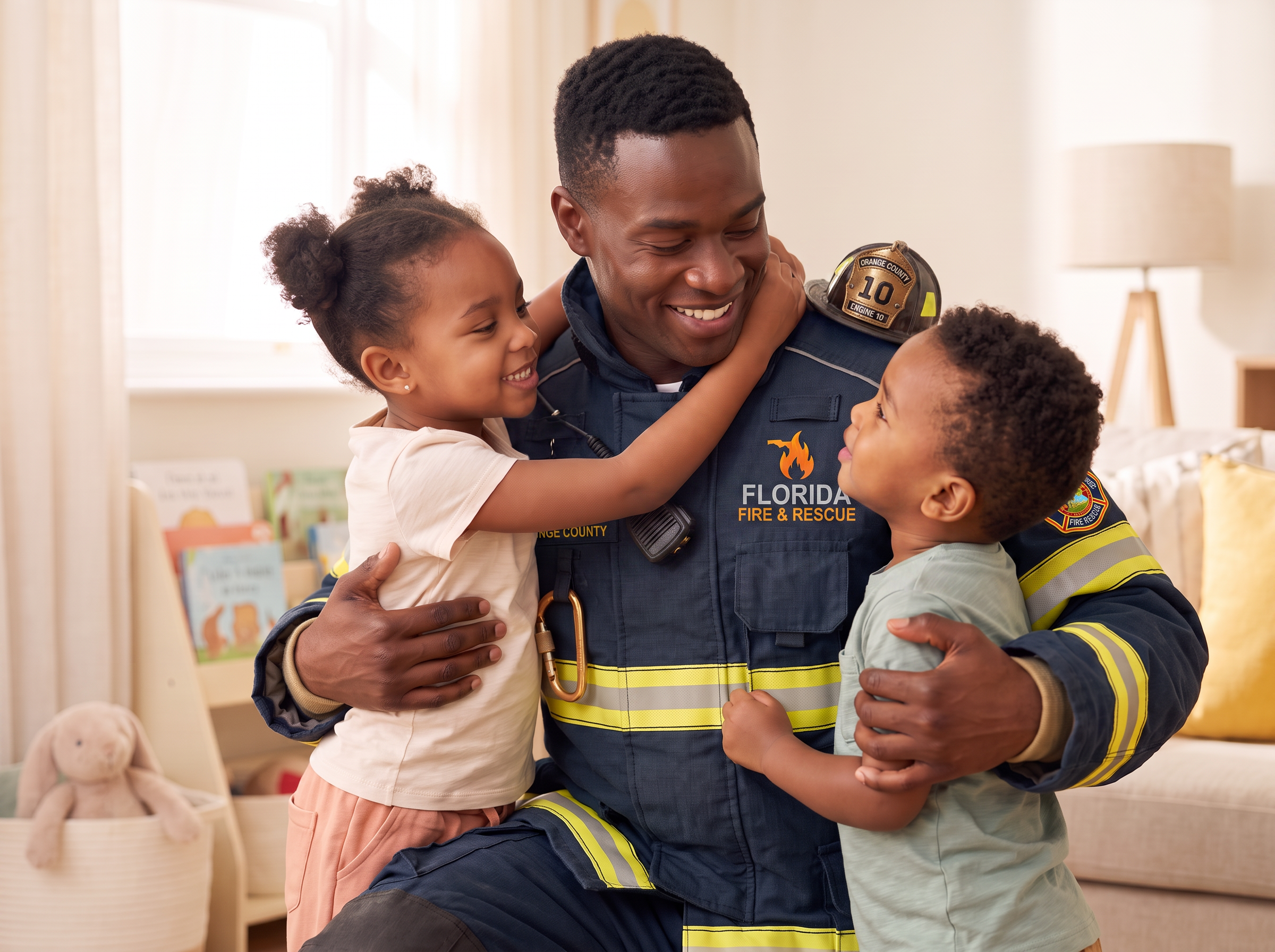 Firefighter parent hugging his two children at pickup
