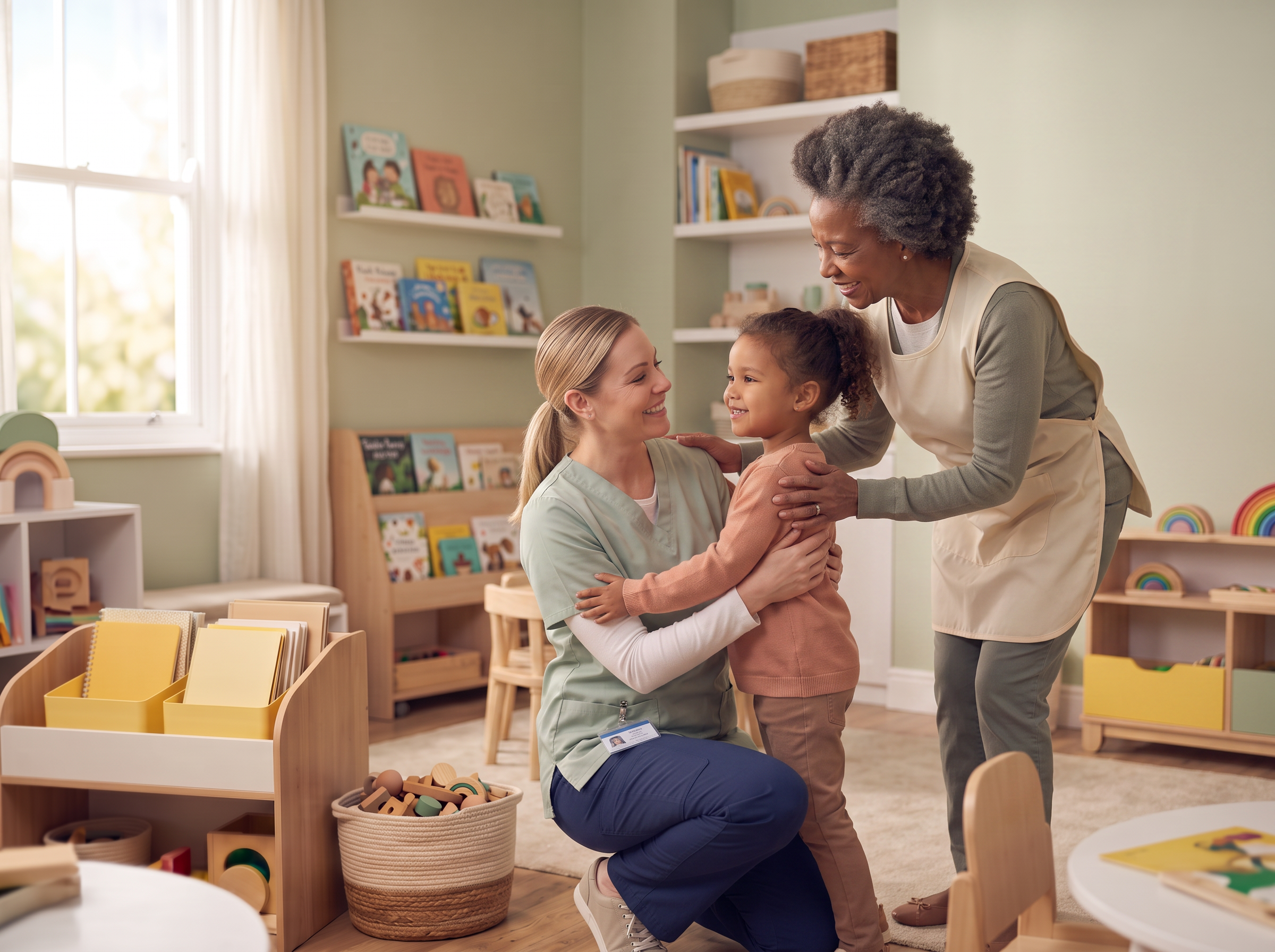 Healthcare worker mom picking up her daughter from a caregiver