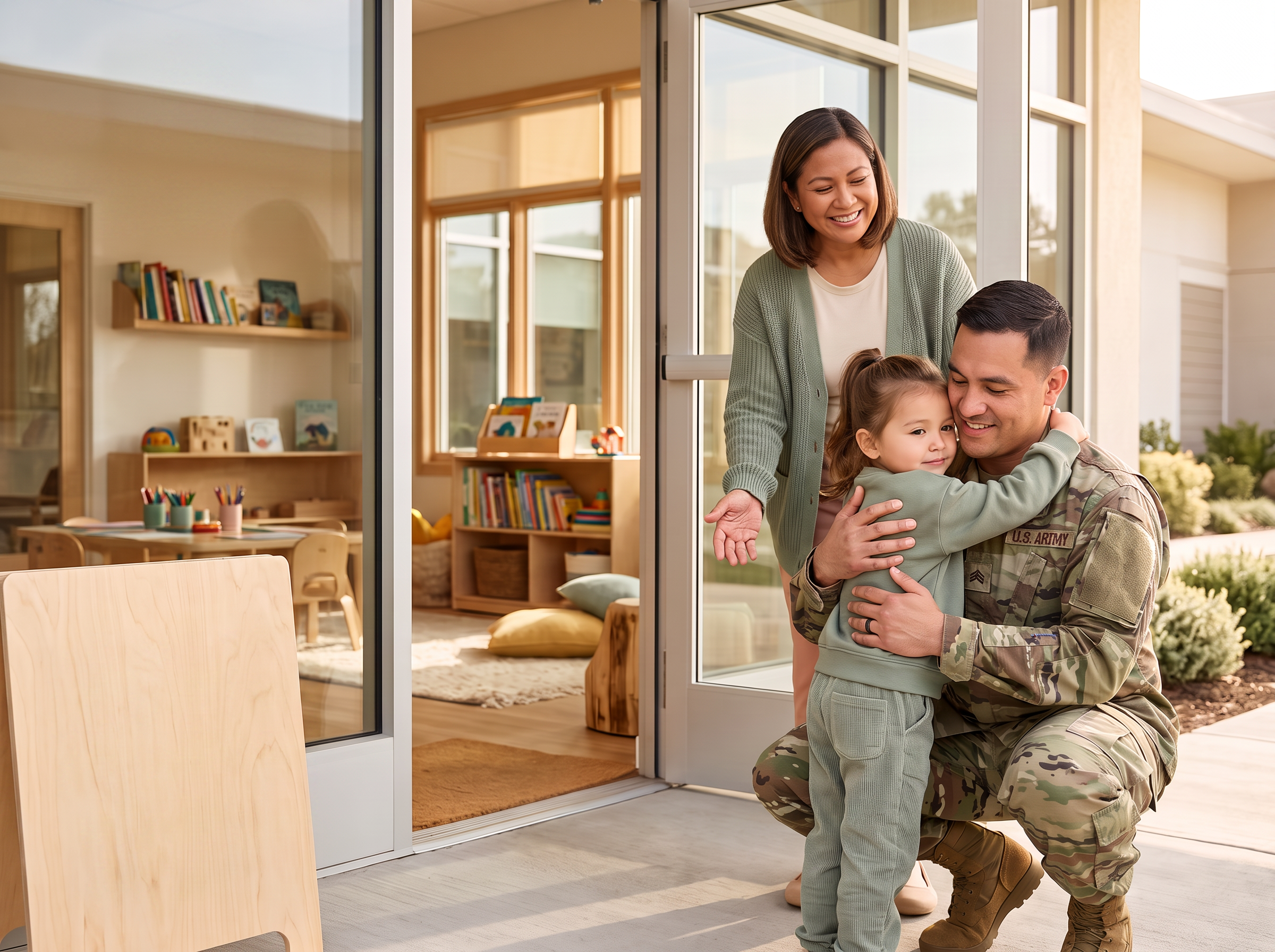 Military dad greeting his daughter at childcare pickup