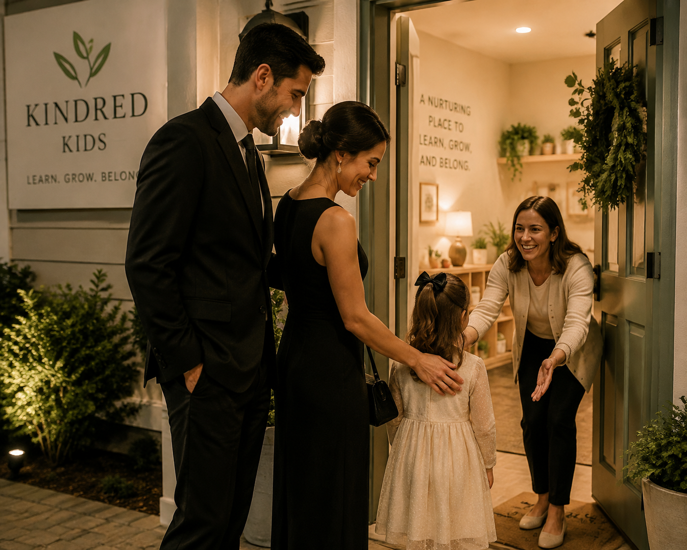 Couple dropping off their daughter for date night childcare