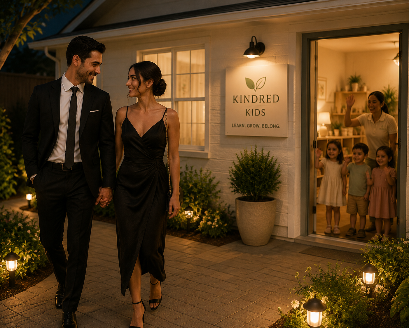 Parents heading out for date night while children wave from the doorway