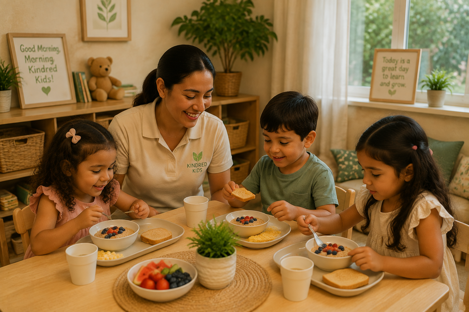 Weekend Childcare in Apopka, FL Children and a caregiver sharing a healthy meal at Kindred Kids