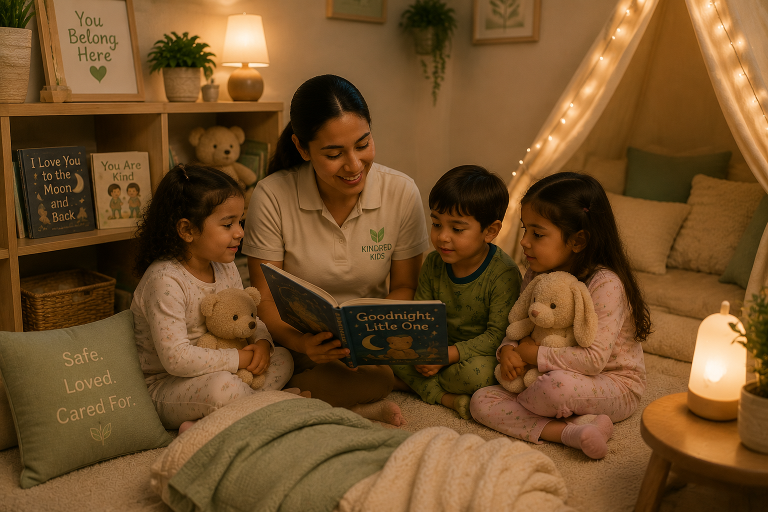 Weekend Childcare in Apopka, FL A caregiver reading a bedtime story to children in a cozy tent