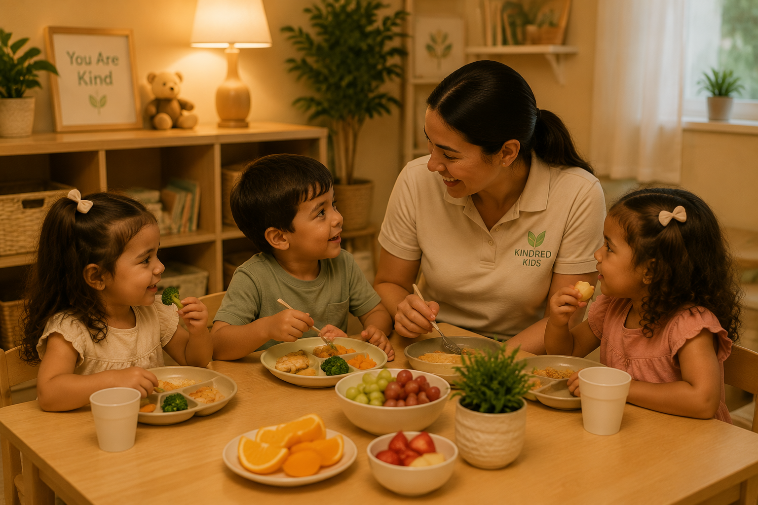 Weekend Childcare in Apopka, FL Caregiver sharing a family-style meal with toddlers