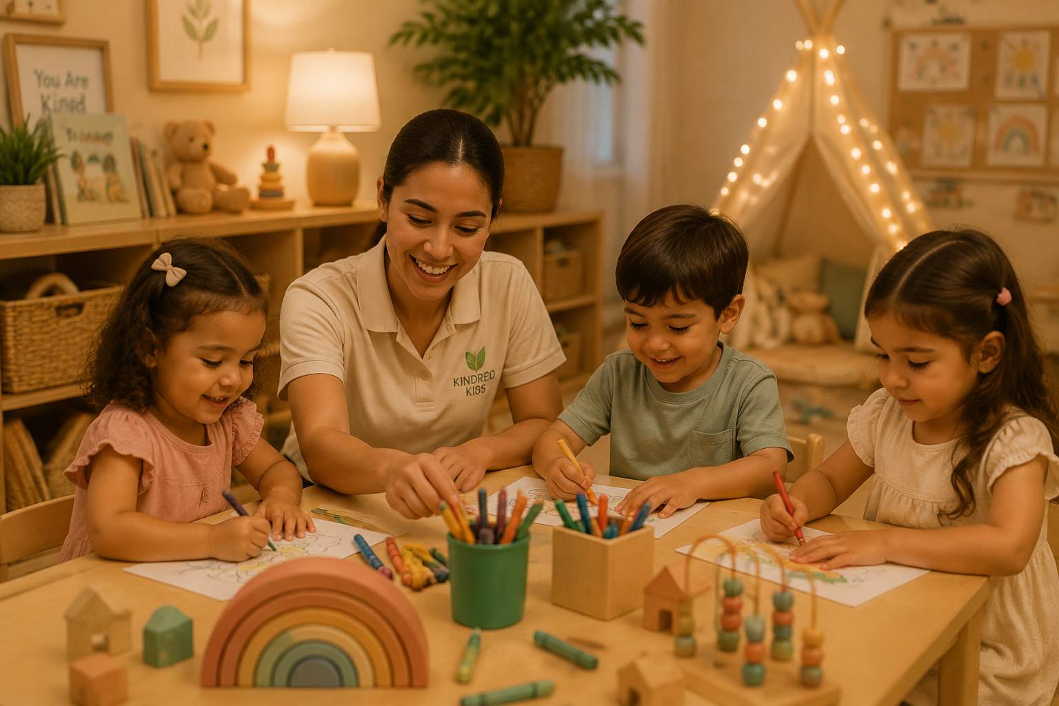 A caregiver doing a craft project with children at Kindred Kids