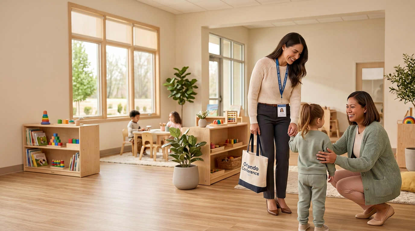 A teacher hugging a child in a bright Kindred Kids classroom