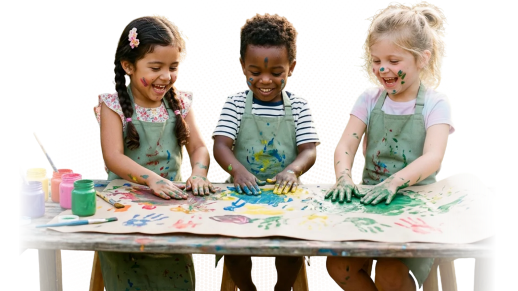 Children finger-painting in aprons at Kindred Kids