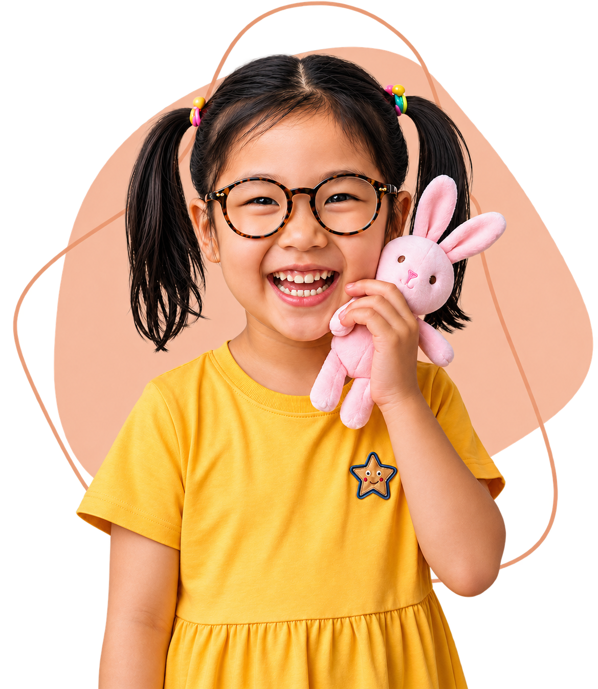 Smiling girl in glasses holding a stuffed bunny, ready for after-school care