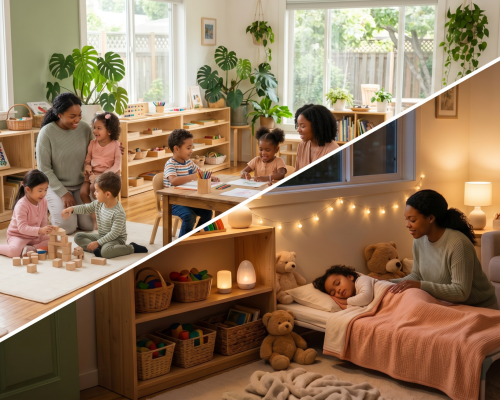 Split image showing daytime learning activities and nighttime bedtime care at Kindred Kids Early Learning Center